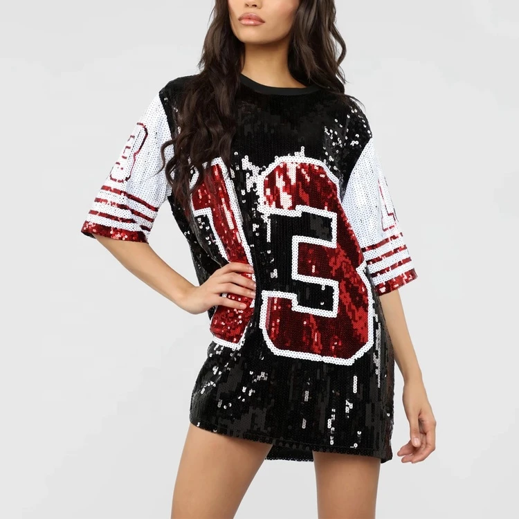 

2021 New Arrive Custom Sparkling Sequin Beaded Jersey Women Casual Hip Hop T-shirt Dresses