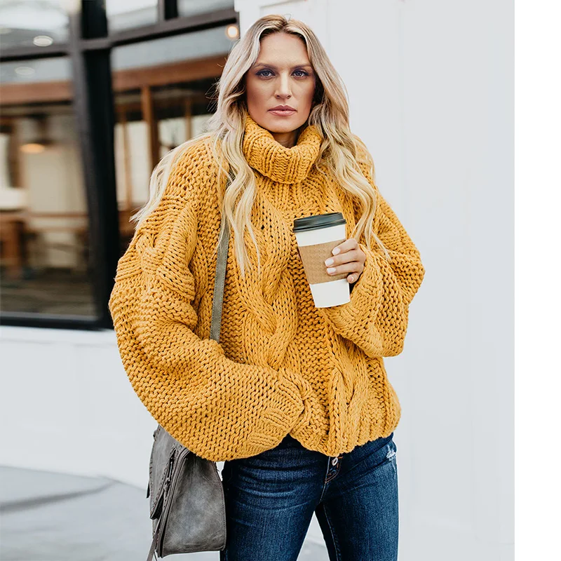 

Women Fashion Style Cable Knitted Handmade Turtleneck Sweater, As shown