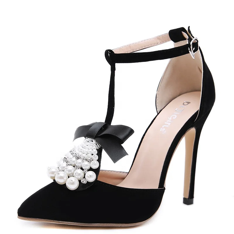 

T-strap Beads Bridal Wedding Dress Shoes Pearl Ankle Buckle Sandals Women High Heel Stiletto Shoes, Black