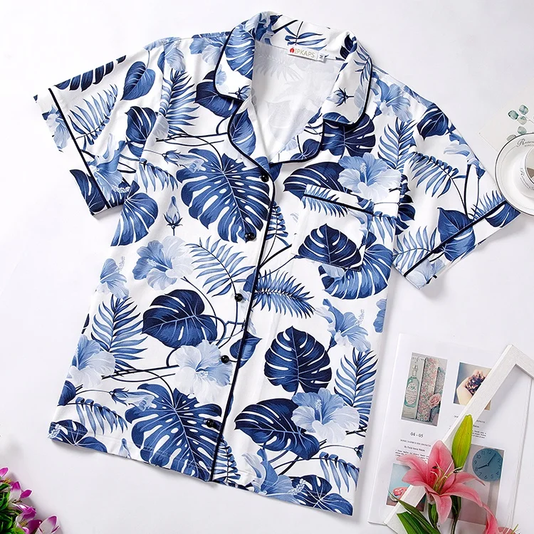

manufacturer OEM ladies western brand sleepwear printed satin silk short summer adult pajamas