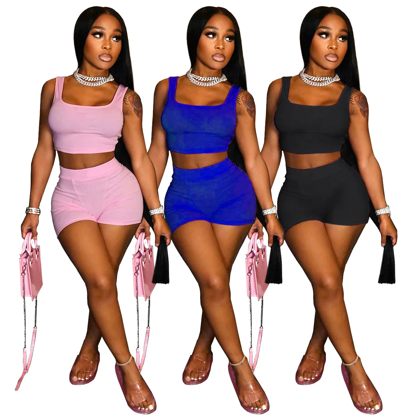 

2021 new arrive Two Piece Outfits Summer Clothing Two Piece Set Women Clothing Halter Vest for Women, Picture shows