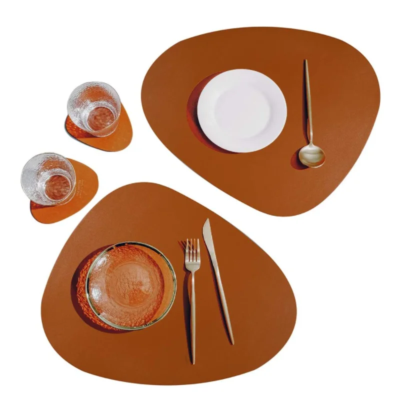 

PU Leather Place Mats Set Table Placemat Luxury Waterproof Coffee Mats with Coaster, Black,brown,dark green & custom