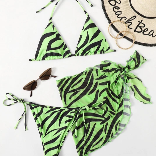 

New Online Knot Pleat Triangel Swimsuit Three Pieces Halter Multi Stripe Bathing Suits Women Swimwear Beachwear Sexy