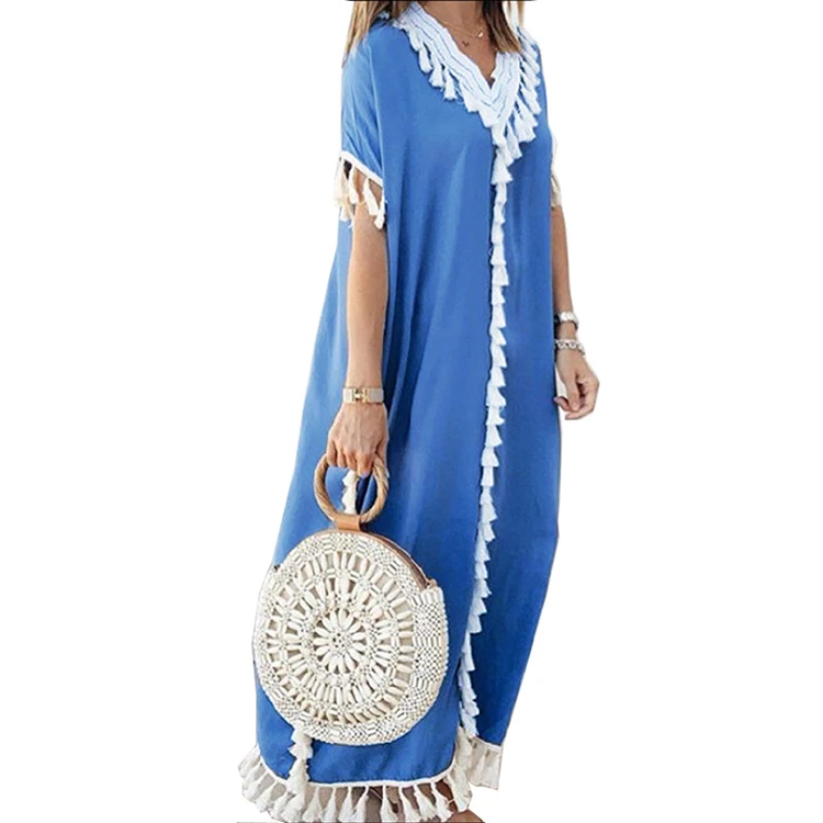 

Casual Tassels Islamic Soft Clothing Fashion Arabic Style Dubai Muslim Abaya Woman Lace V-Neck Fringe Pendant Robe Dress, Customized color