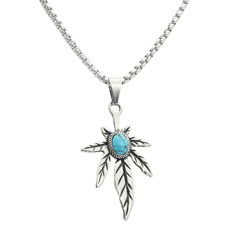 

High quality hip hop jewelry stainless steel Turquoise Maple Leaf Necklace Pendant for men women