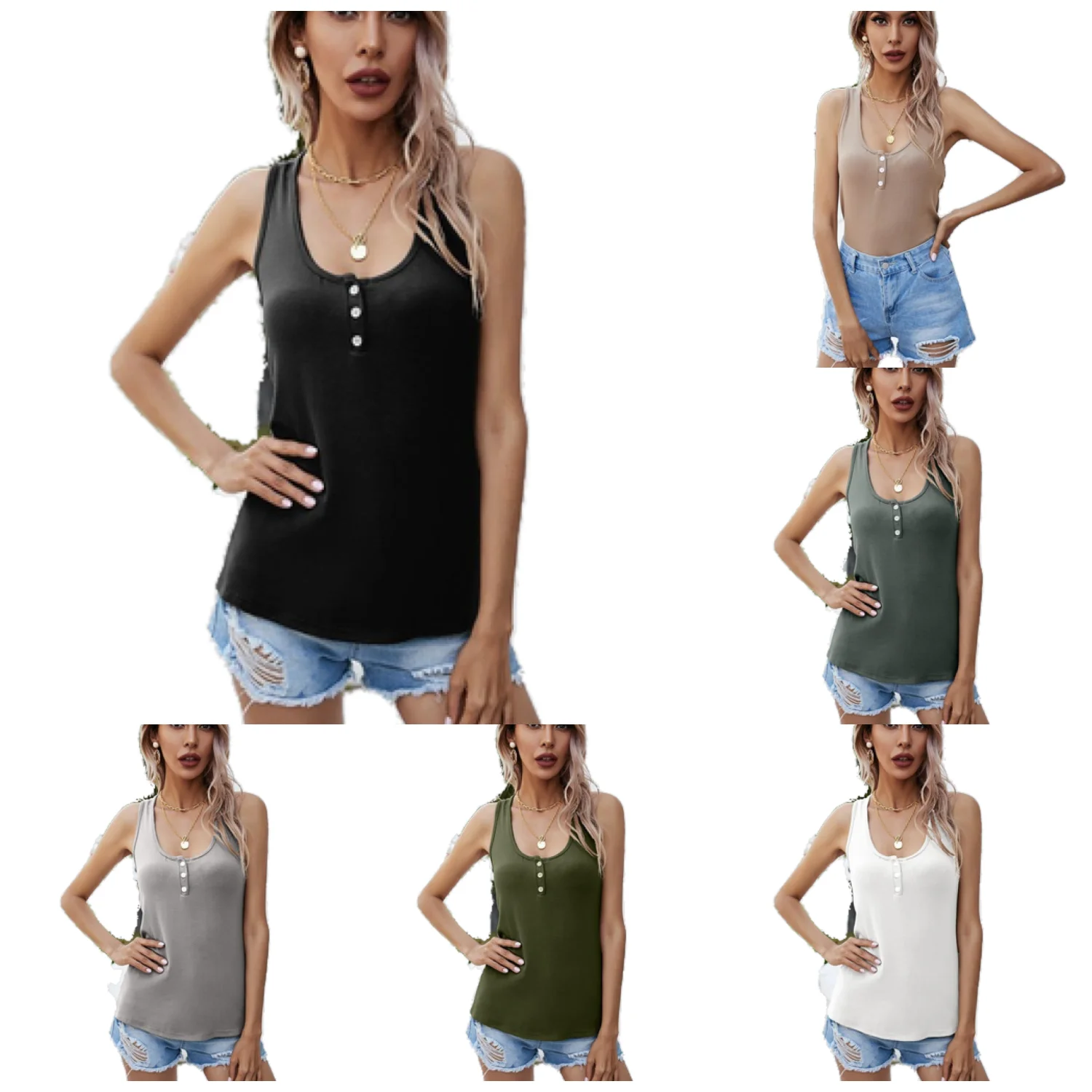 

Solid color breasted half front with I-shaped knitted vest for ladies
