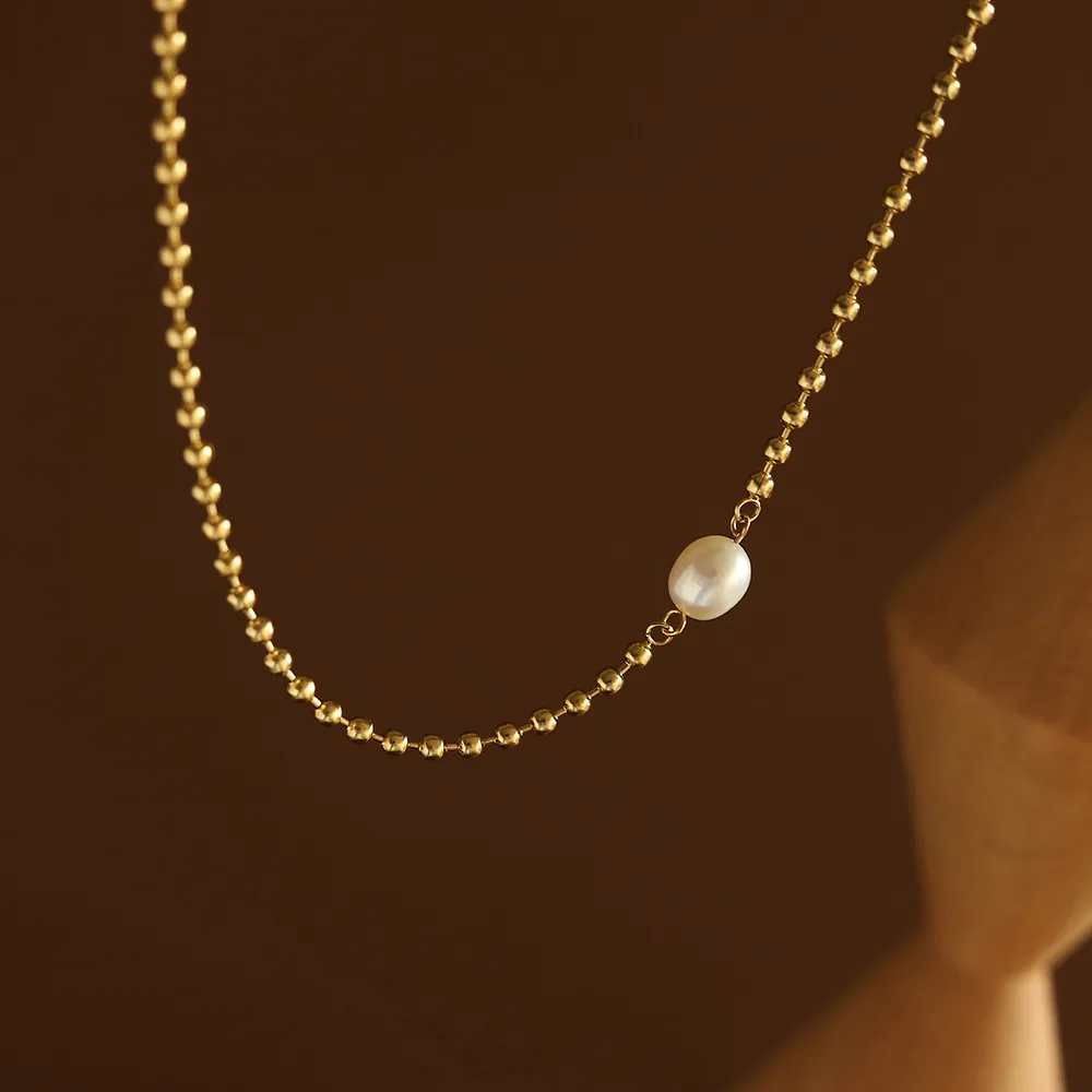 2022 New Trendy Waterproof Choker 18k Gold Plated Stainless Steel Link Chain Single Natural Fresh Water Pearl Necklace