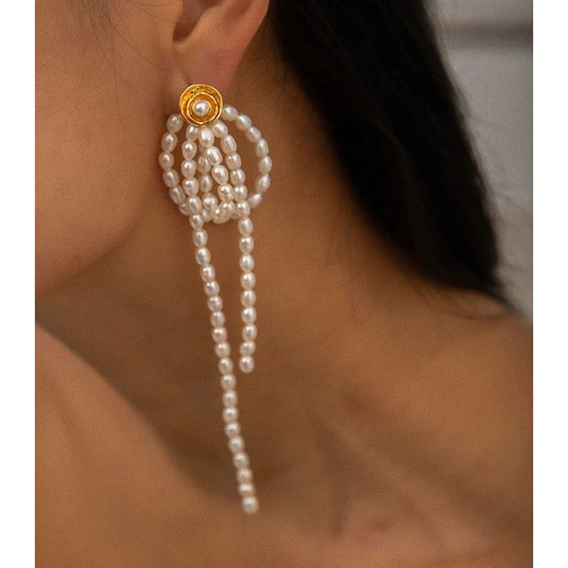 2 Sizes Beaded Natural Freshwater Pearl Earrings Long Tassel Flower Earrings for Women French Luxury Vintage Jewelry 2022 New