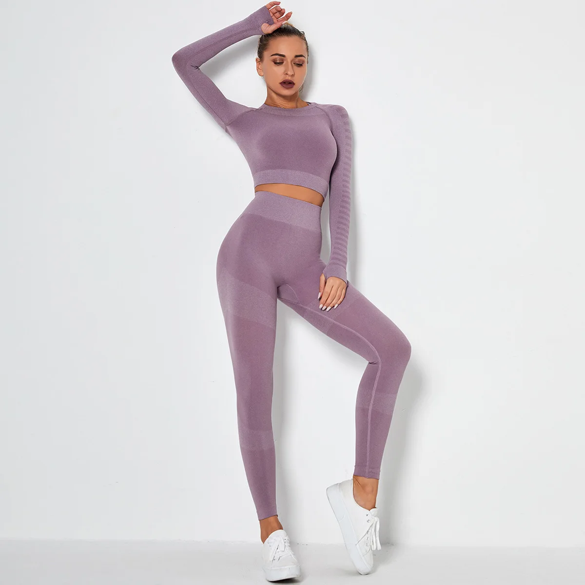 

Wholesale Fitness Yoga Wear 2PCS Seamless Workout Women Gym Sets Custom Logo High Waisted long sleeve breathable sport clothing