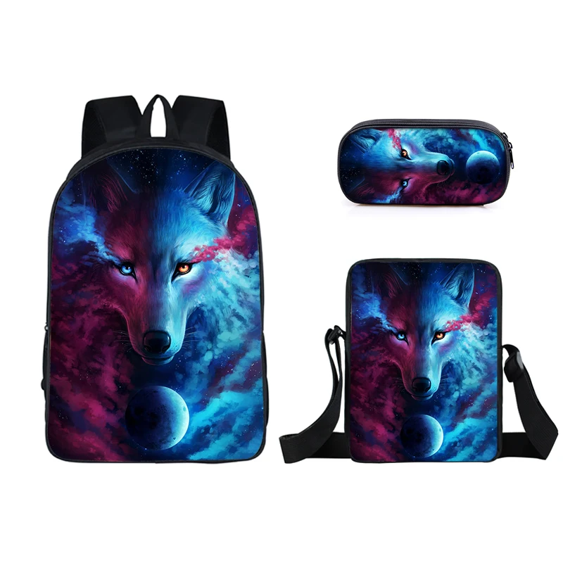 

Sac Rucksac Custom Wolf Animal Print Pencil Case Cartable Enfant 3Pcs Set Boys School Bag Messenger Schoolbags Set Kids Backpack, Customized