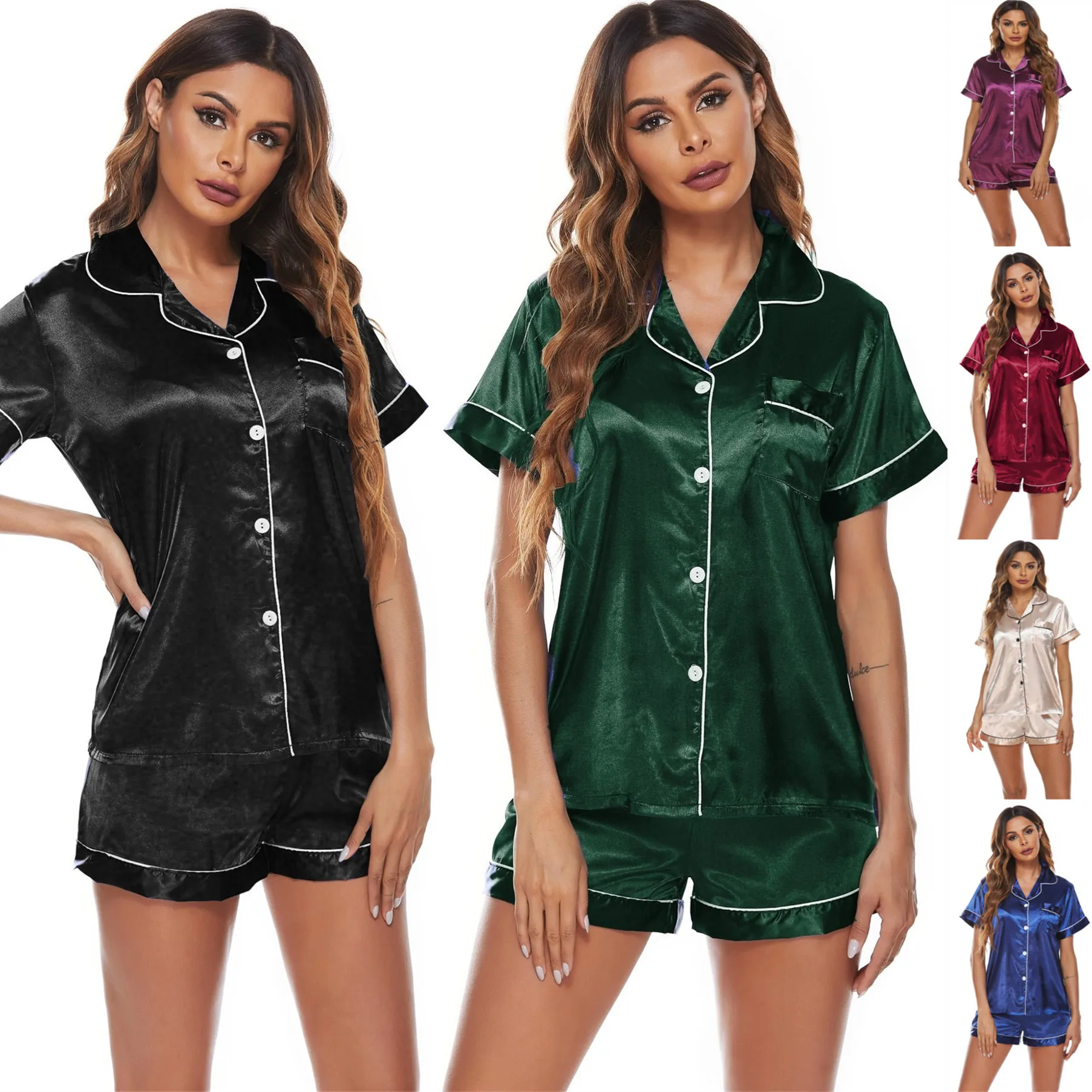

Solid color satin short sleeve sleep wear Amazon hot sale women's purple silk shiny pajamas