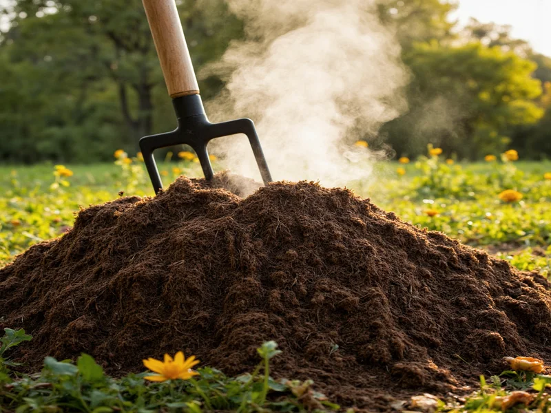 Turning compost pile with pitchfork showing steam