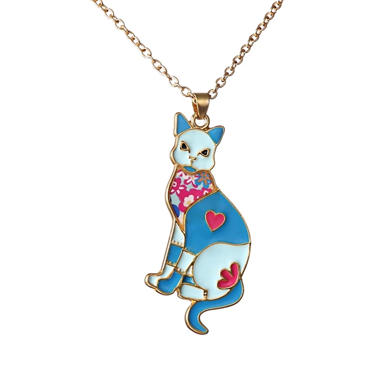 

New Style Fashion Colorful Dripping Oil Flower Little Dog Cat Butterfly Pendant Necklace Jewelry For Girls