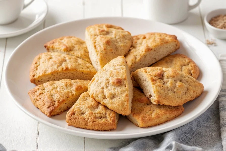 Freshly baked cinnamon scones on a rustic wooden board with cinnamon sticks and sugar crystals