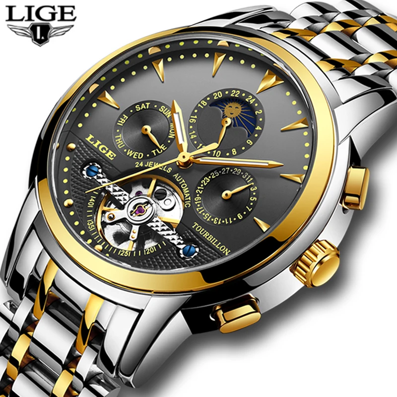 

LIGE Men Watch Automatic Mechanical Watches Golden Luxury Brand Business Full Steel Waterproof Sport Clock Relogio Masculino+BOX