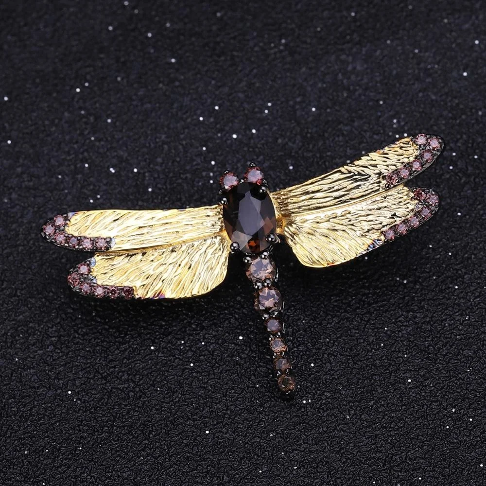 

Abiding Handmade Jewelry Brooch Gold Plated Dragonfly Natural Smoky Quartz 925 Sterling Custom Brooch Jewelry