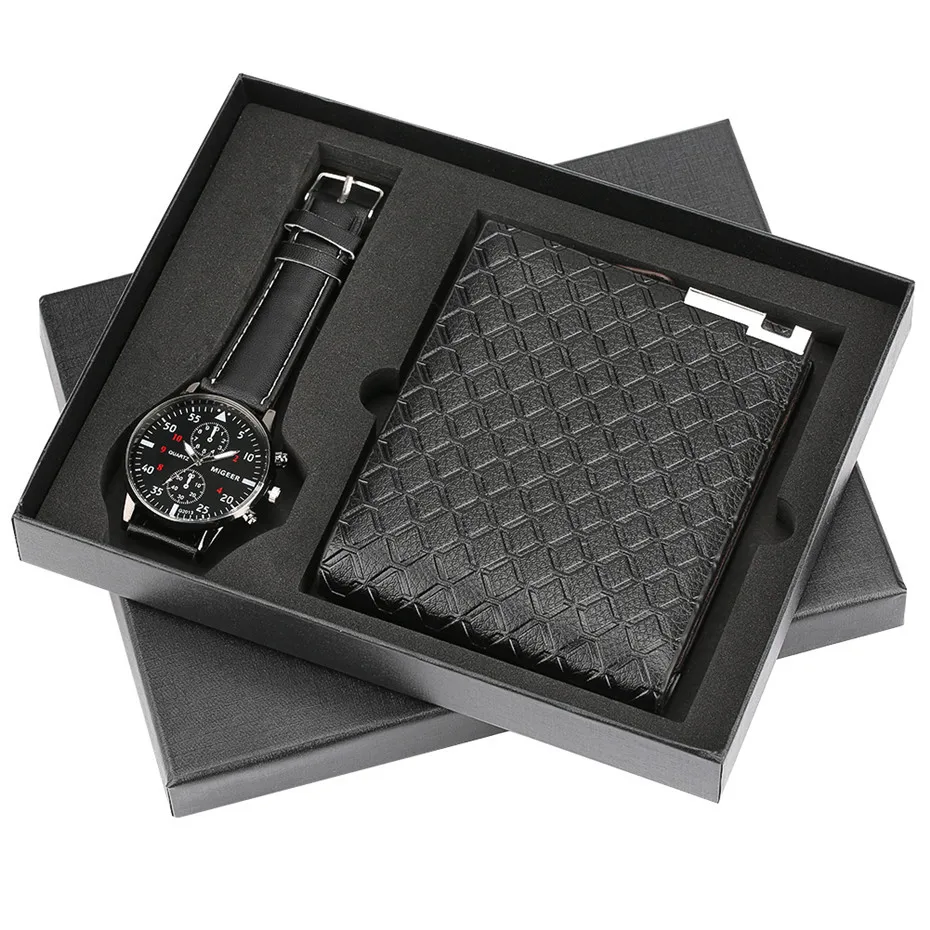 

2 Pieces Corporate Business Gift Set Luxury PU Short Wallets and Watches Set, Black, brown