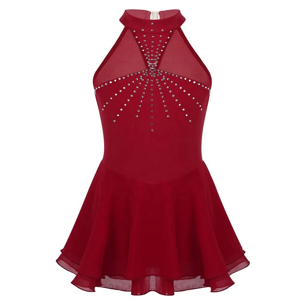 

Kids Girls Halter Sparkly Figure Skating Dress Sleeveless Rhinestone Mesh Splice Ice Skating Roller Skating Ballet Dress