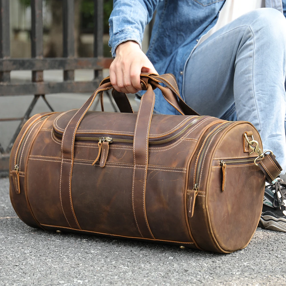 

Oversized ROUND Travel Duffel Tote Bag for Men Carryon Gym Duffle Bags Genuine Leather Men Overnight Weekender Bag Handbag, Brown/coffee