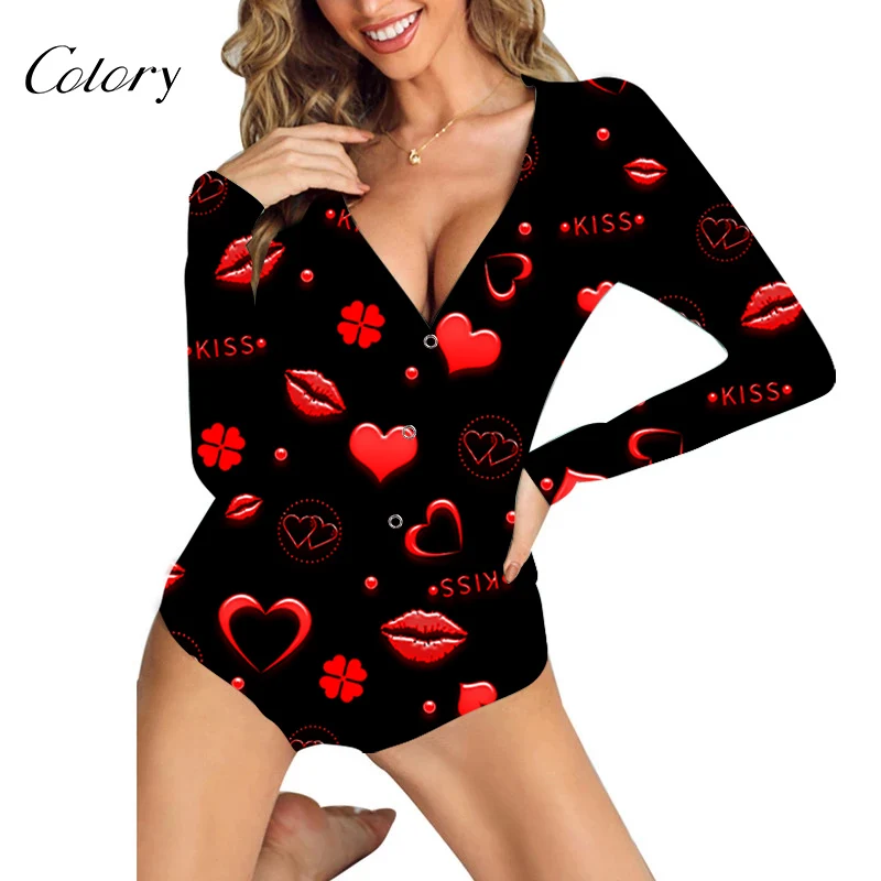 

Colory Rompers And Jumpsuits For Women Girls in Pajamas Sexy Long Sleeve Button Romper, Picture shows