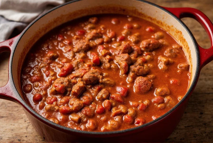 Texas-style chili con carne in cast iron pot showing rich red color and meat chunks