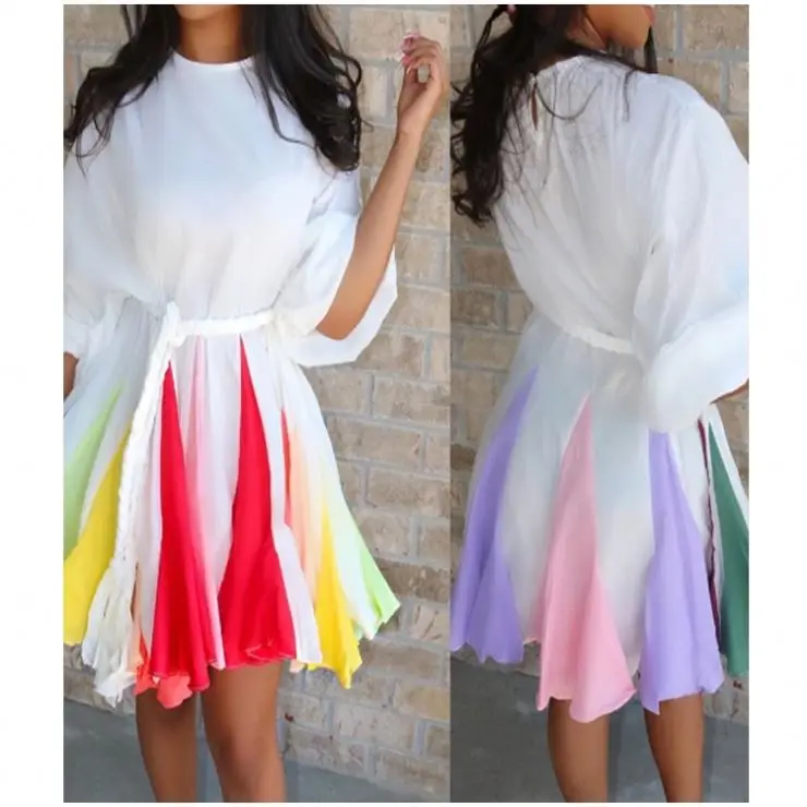 

2019 Ladies Clothes Colorful Pleated Dress Without Belt Casual Clothing