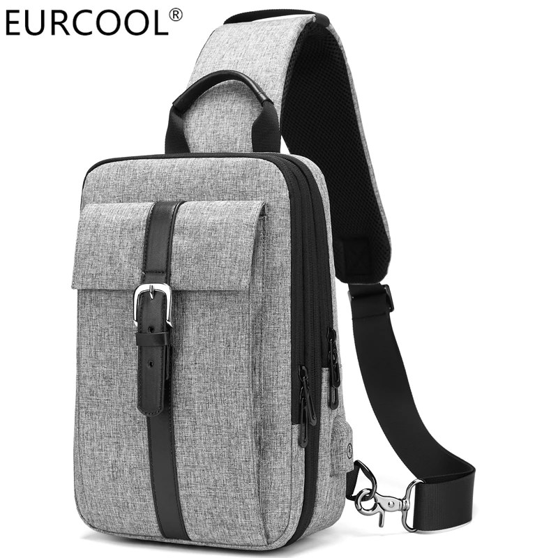 

Eurcool Expandable Backpack Removable Back Pad Canvas Shoulder Chest Bag With USB Charger Port For Man, Gray or black color