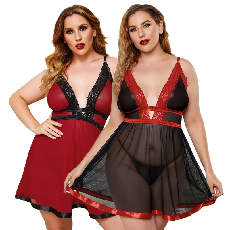 

2021 Wholesale 4xl 5xl Women Sexy Underwear Mesh Babydoll 2 Piece Plus Size Lingerie Set