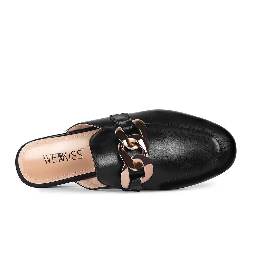 

WETKISS 2021 Fashion Cheap Classy Ladies Mules Shoes Chain Women Flat Slipper Causal Wholesale, Black