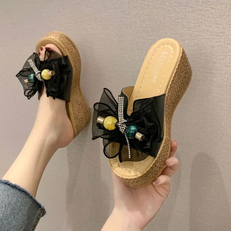 

Fashion Spike Sandals Woman Summer for Women And Ladies Platforms Heel Sandal Platform New Arrival Silk Bowknot Wedge Slippers