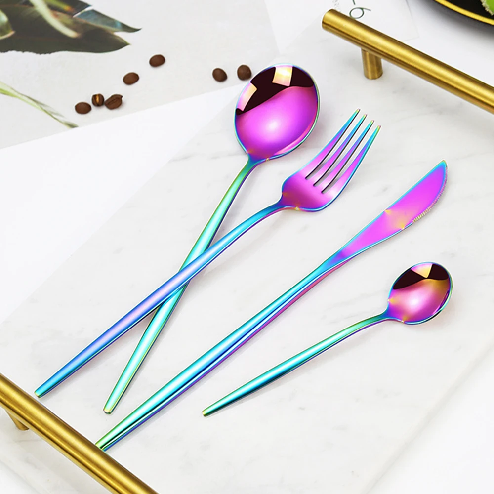 

Hot Sell Unique Design Tableware Set Iridescent Colorful Flatware 18/10 Stainless Steel Cutlery Set, Gold/gold black/pink/black/silver