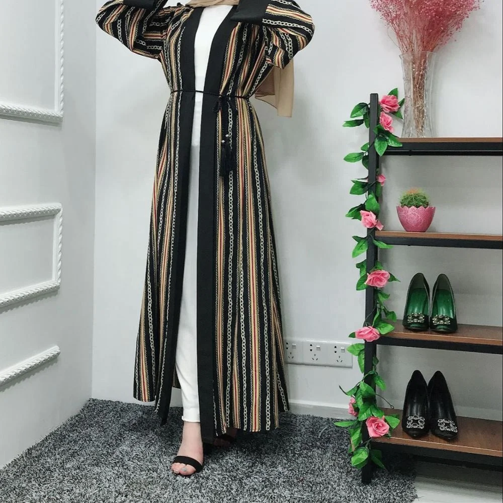 

SIPO islamic dress sequins cuff fashion dubai front balloon sleeve luxury Arab kaftan silk designs white layered Open Abaya, Black