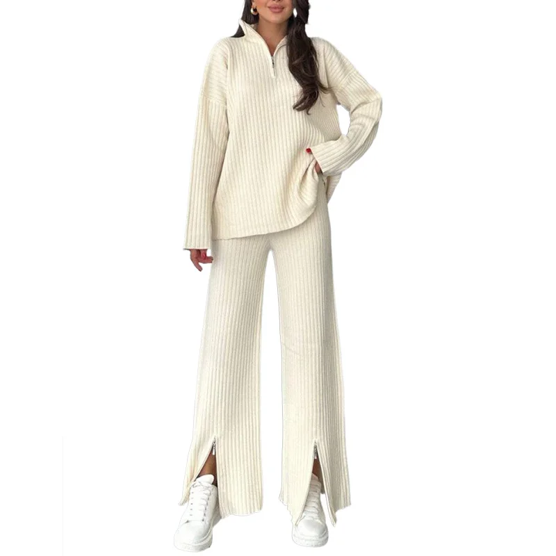 2026 Spring Half Zipper Pullover Plus Size Women Casual Regular Sleeve Sweaters Flare Pants Two Piece Set Women Knitted Sets