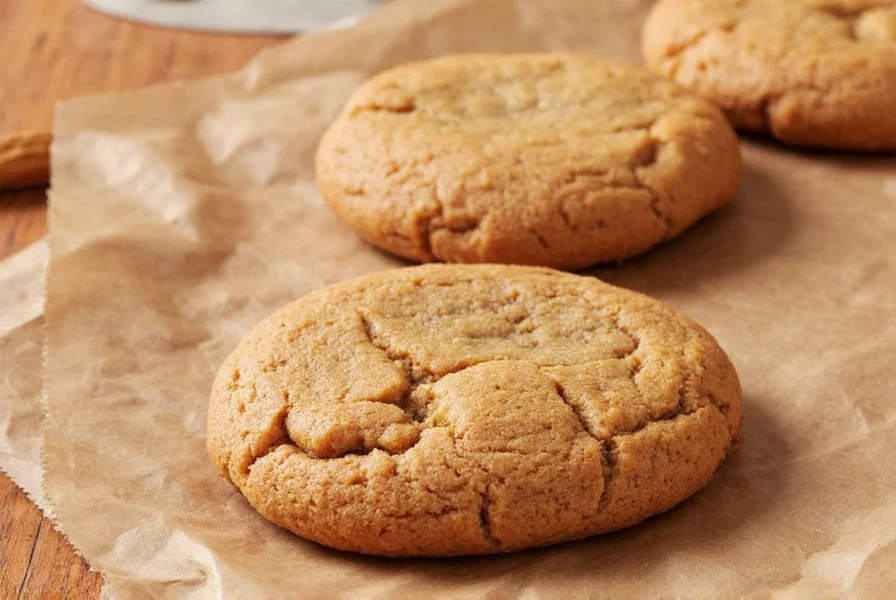 Close-up of perfectly baked ginger molasses cookies with crackled tops on parchment paper