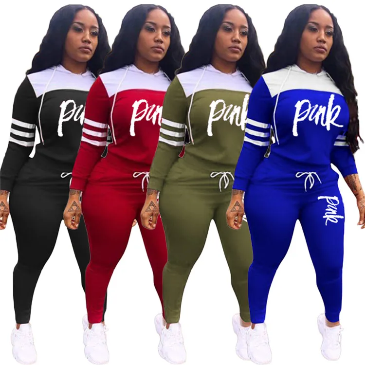 

Sport Hooded Patchwork Sweatshirt And Pants Jogging Clothing Fall Winter Women Two Piece Set