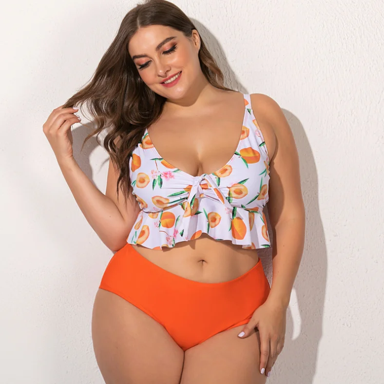 

High Quality Split High Waist Thong Bikini Plus Size Sexy Backless Swimsuit Lovely Girl Peach Print Beachwear, As picture
