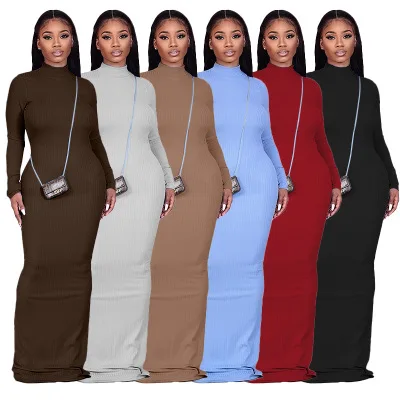 

2021 Spring Fashion Sexy Backless Knitted Club Party Dress Women Casual Solid Color Long Sleeve O-Neck Bodycon Lady Maxi Dress, Khaki, red, gray, black, dark brown, blue