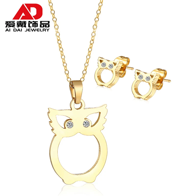 

Forest Simple Animal Owl Titanium Steel Pendant Earring Necklace Set Gold-plated Children's Earrings Necklace Jewelry