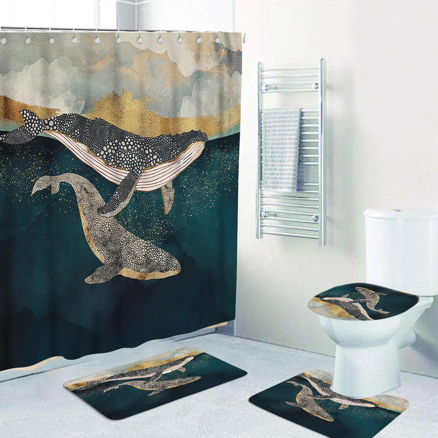 

Printed Waterproof Sets with Shower Curtain and Rugs Wholesale Bathroom 3D 4 Piece Bathroom Floor Rug Bath Mat PVC Customized
