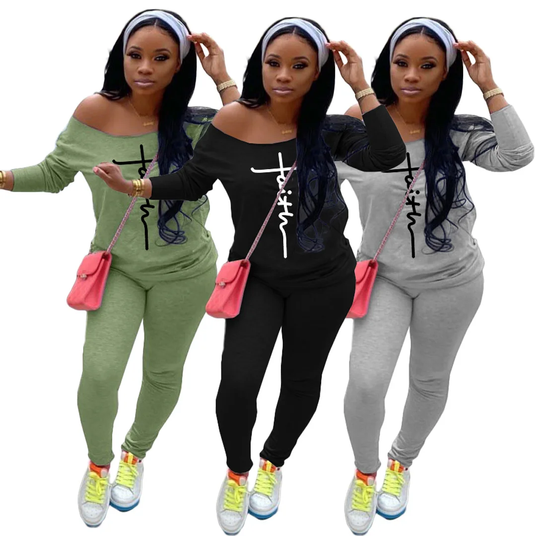 

Two Piece Set Women Clothing New Fashion Print Round Neck Long Sleeve Sexy Casual Sport Faith Two Piece Set Women