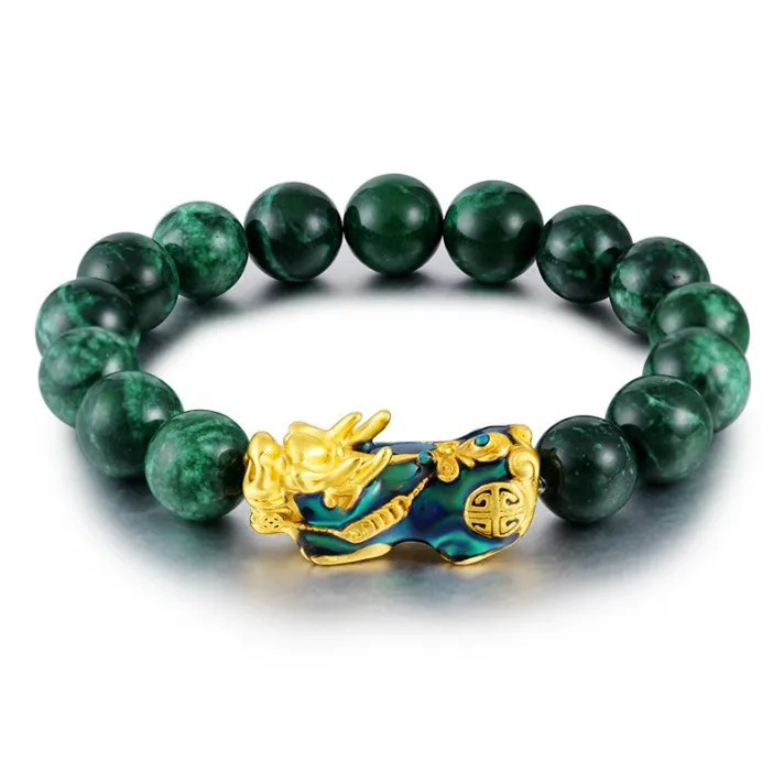 

Wholesale Pulseira Wealth Elastic Lucky Green Color Natural Stone Feng Shui Pixiu Piyao Bracelet For Women