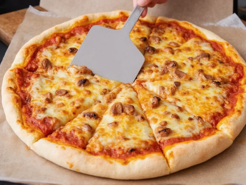 Checking homemade pizza doneness with spatula