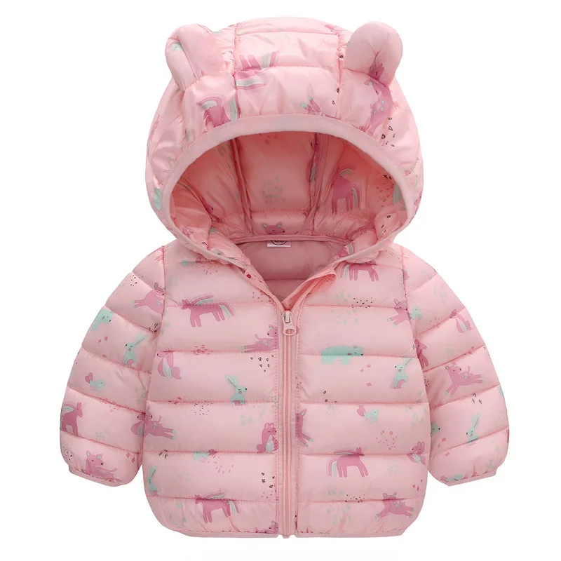 

Winter hot selling kids outdoor coat sweet cartoon printed baby girl padded hooded down cotton coat