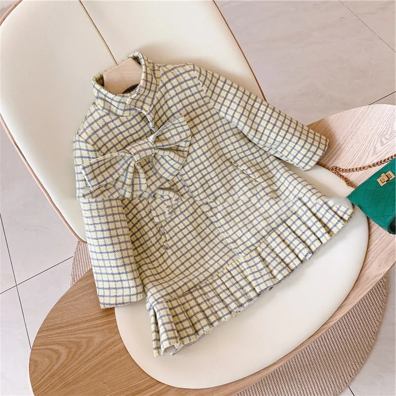 

New Style Bowknot Design Woolen Cloth Padded Plaid Trench Coat Dresses For Girls, Yellow
