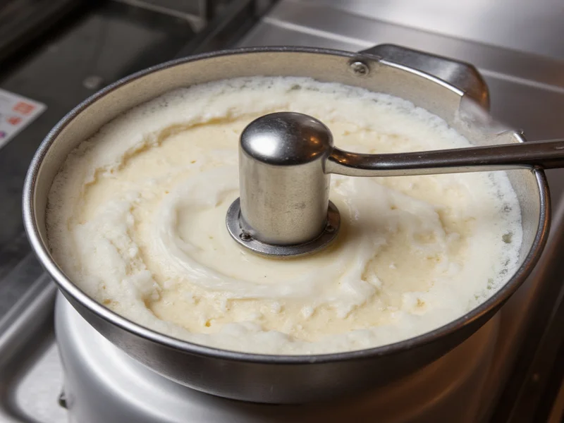 Step-by-step ice cream churning process in machine