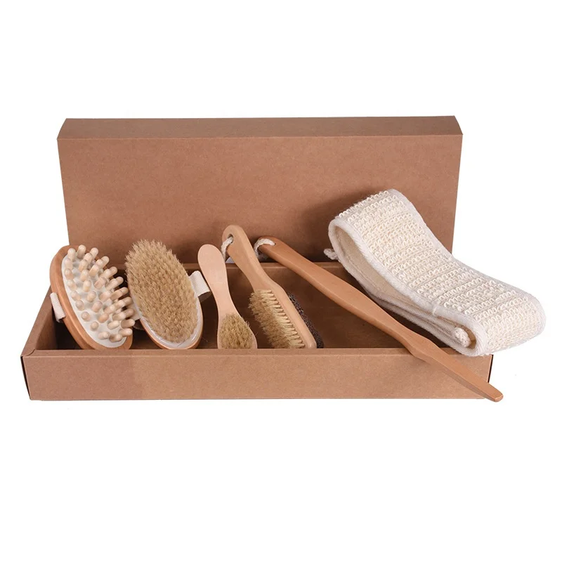 

High quality 6 pcs set natural wood body brush bath brush set, Natural wood color