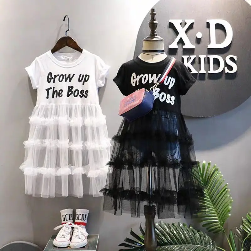 

2021 New fashion toddler Girls summer letter printed t shirt tulle dress Children's Clothes Girls casual Dress, Picture