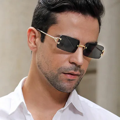 

Wholesale Trendy Rectangular Square Eyewear Men Glass Retro Rimless Trimmed Square Women Sunglasses2021