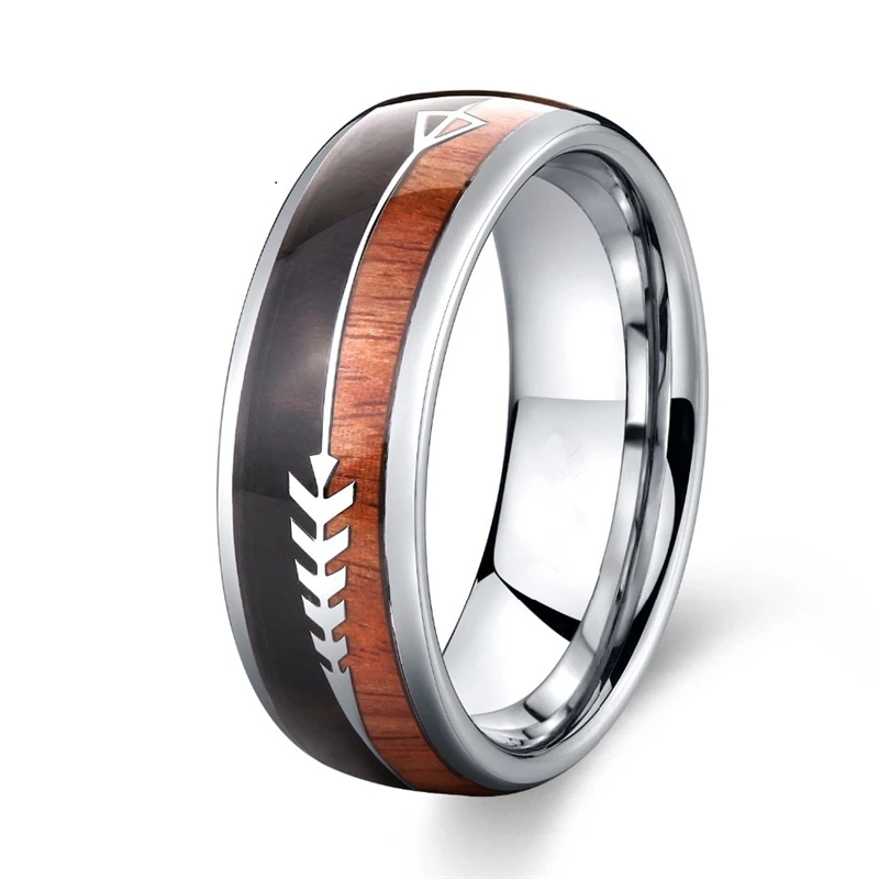 

Wedding Rings For Men And Women Silver Wedding Band Nature Koa Wood Steel Arrow Inlay Dome Fashion Jewelry