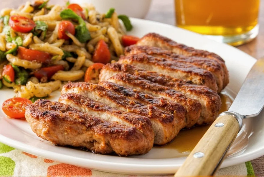 Finished seasoned pork steak plated beautifully with side dishes